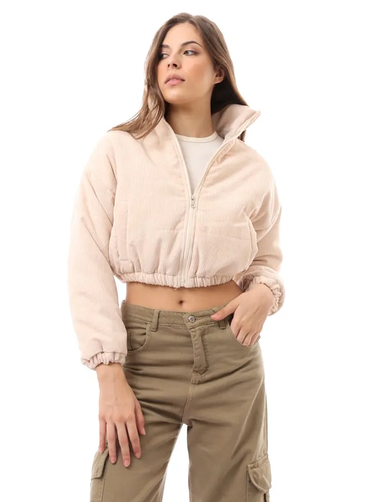 Beige Full Zipper Corduroy Cropped Jacket