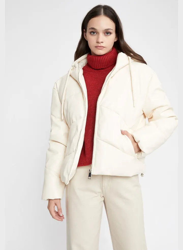 Water-Proof Hooded Faux Leather Puffer Jacket