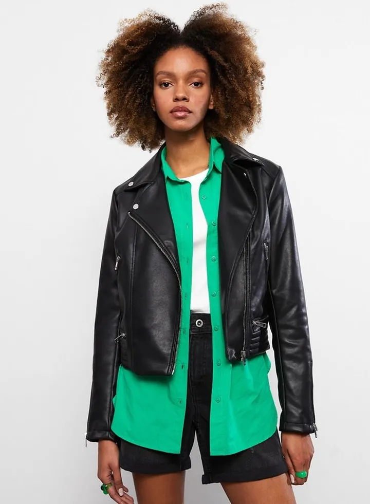 Biker Collar Regular Long Sleeve Women's Faux Leather Jacket