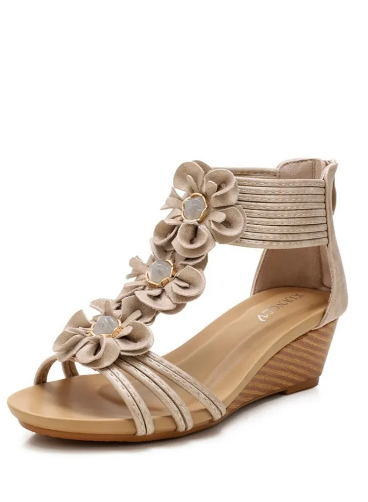 Ethnic Flower Wedge Heel Sandals 5CM Beige