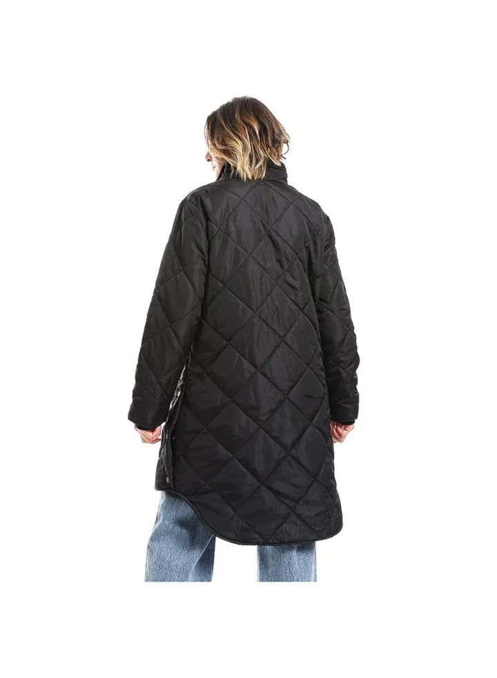 Black Plain Zipper Waterproof Puffer Jacket_Black