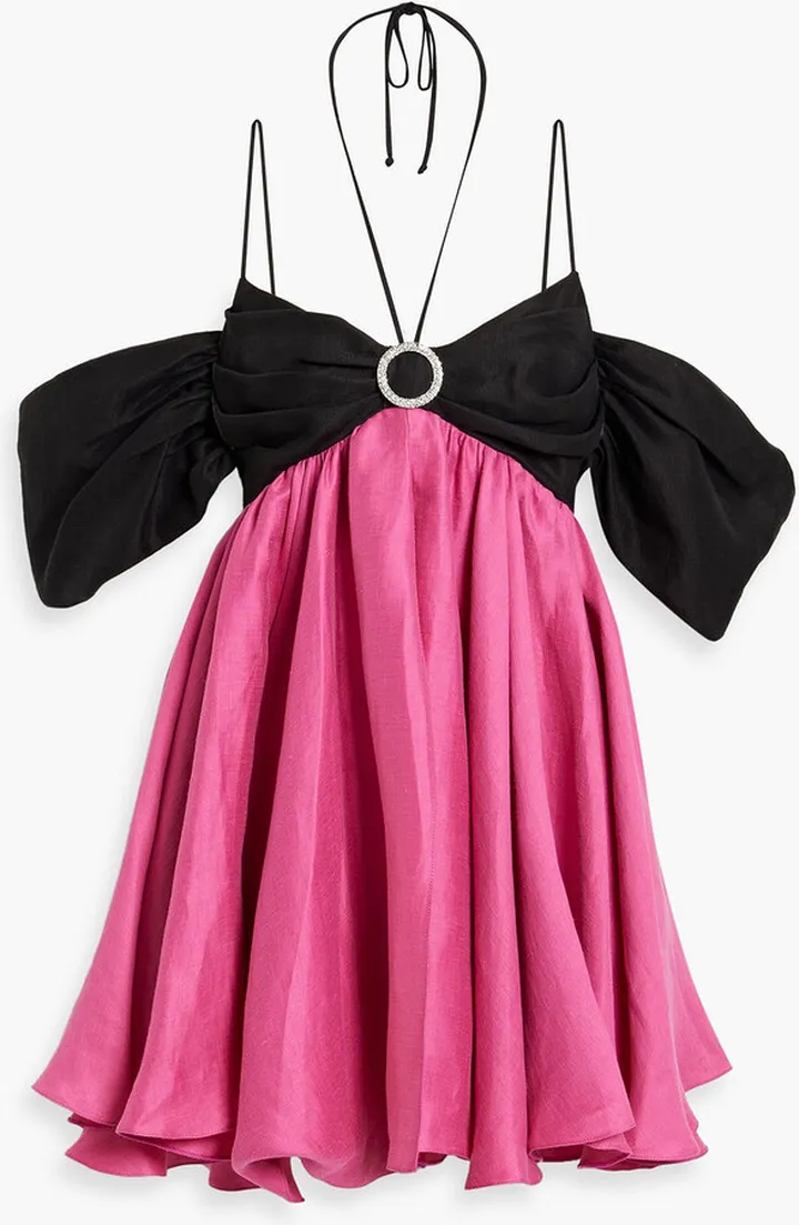 Cold-shoulder embellished two-tone linen-blend mini dress