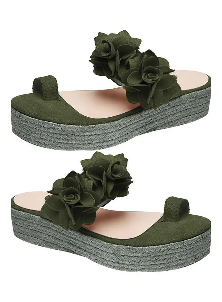 Flowers Detail Toe Loop Wedge Sandals Green/Beige