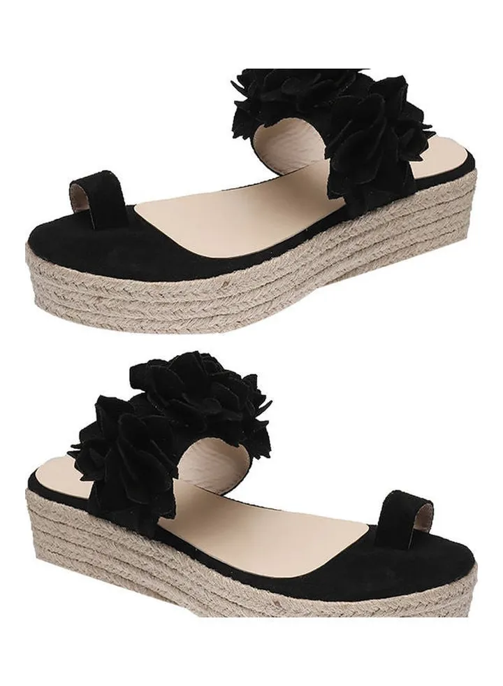 Women Flowers Design Wedge Sandal Black/Beige