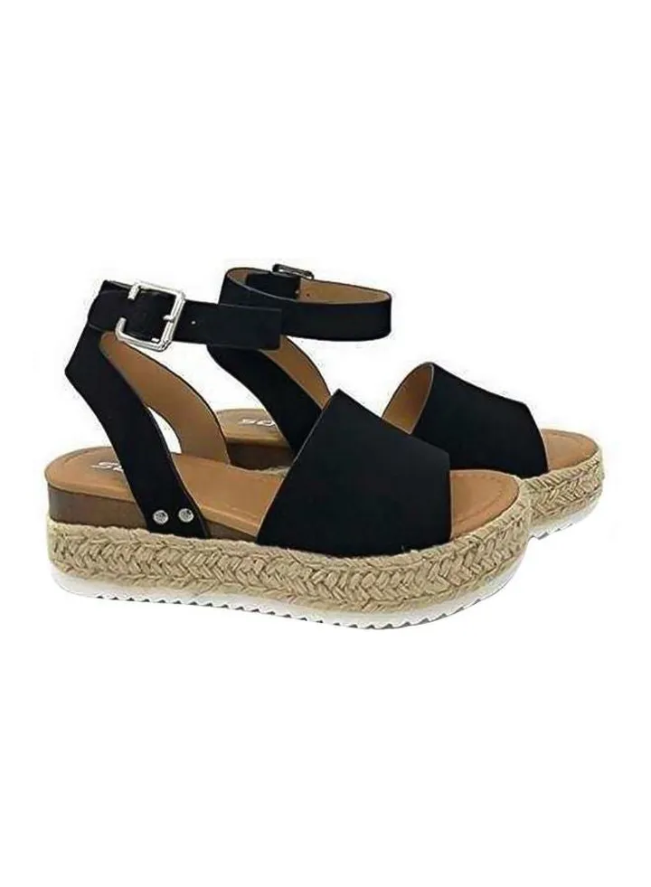 Women Fish Mouth Shape Open Toe Thick Heel Wedge Sandals Black/Brown