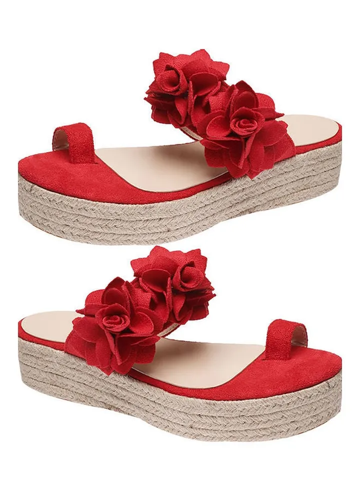 Flowers Detail Toe Loop Wedge Sandals Red
