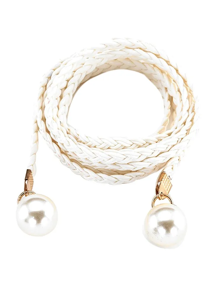 Pearl Braided Waist Belt White