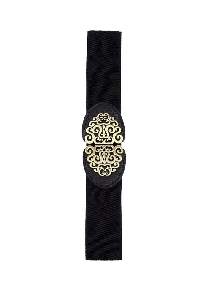 Retro Vintage Deisgn Flower Elastic Stretch Buckle Wide Waist Belt Black