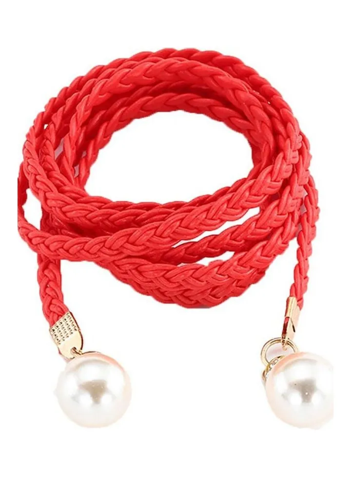 Pearl Decor Braided Waist Belt Red/White