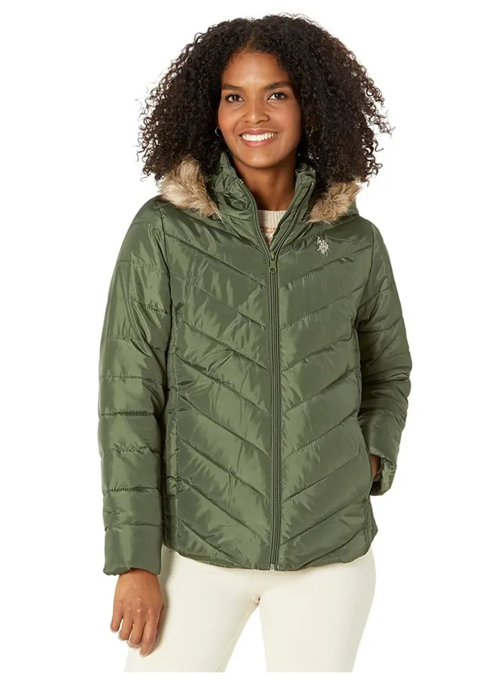 U.S. POLO ASSN. Faux Fur Trim Hood Puffer Jacket Olive Grove Medium