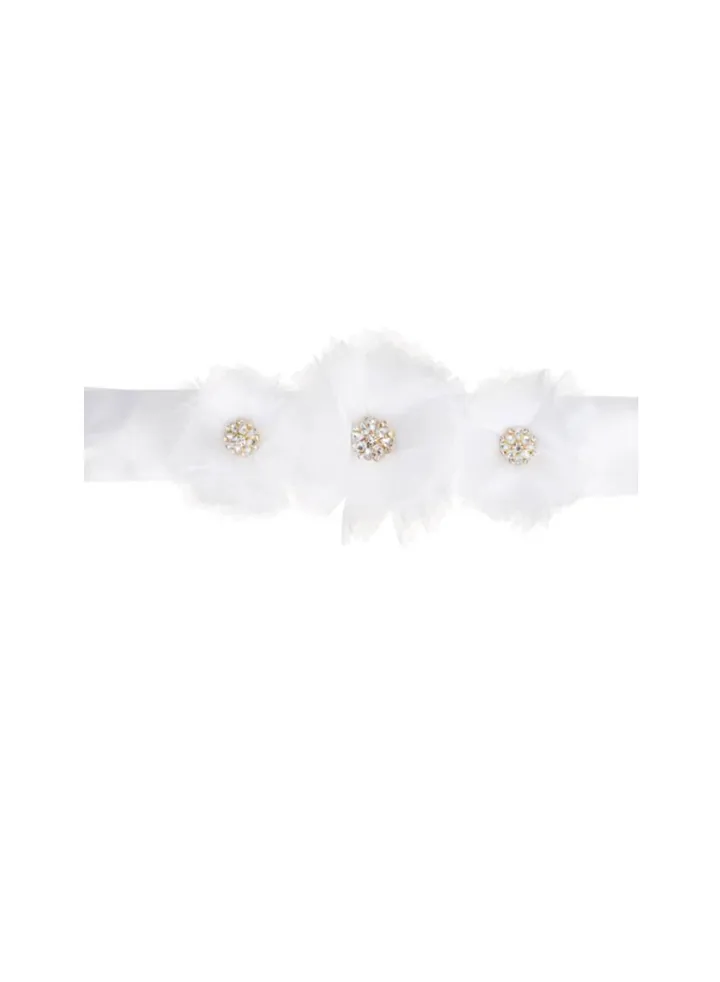 Wedding Dress Belts White Satin Sash w/Flower Embellishments