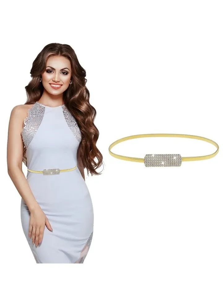 Women Skinny Metal Waist Belt, Gold Thin Metal Chain Stretch Elastic Waistband with Rhinestone Fashion Dress Belts for Women's Bridal Dressy(Gold)