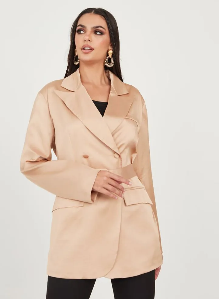 Oversized Fit Longline Belted Satin Blazer