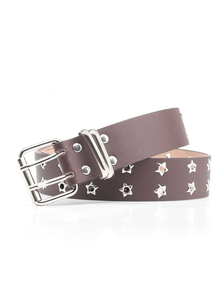 Star Double Exhaust Eyeholes Women's Fashion Versatile Casual Punk Jeans Belt Brown