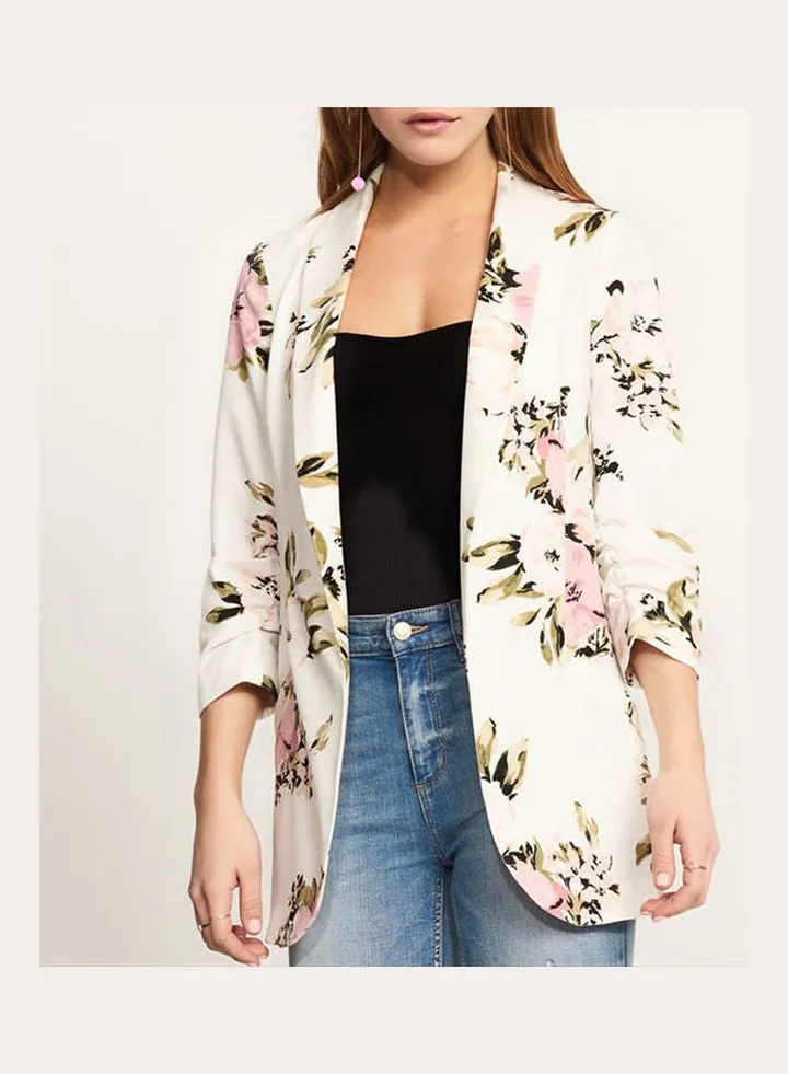 Elegant Flower Print Long Sleeve Blazer Multicolour