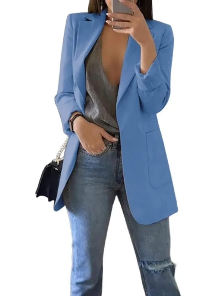 Womens Lapel Casual Blazer Jacket Button Down Long Sleeve Coats Slim Fit Work Office Loose Outerwear Suit with Pockets