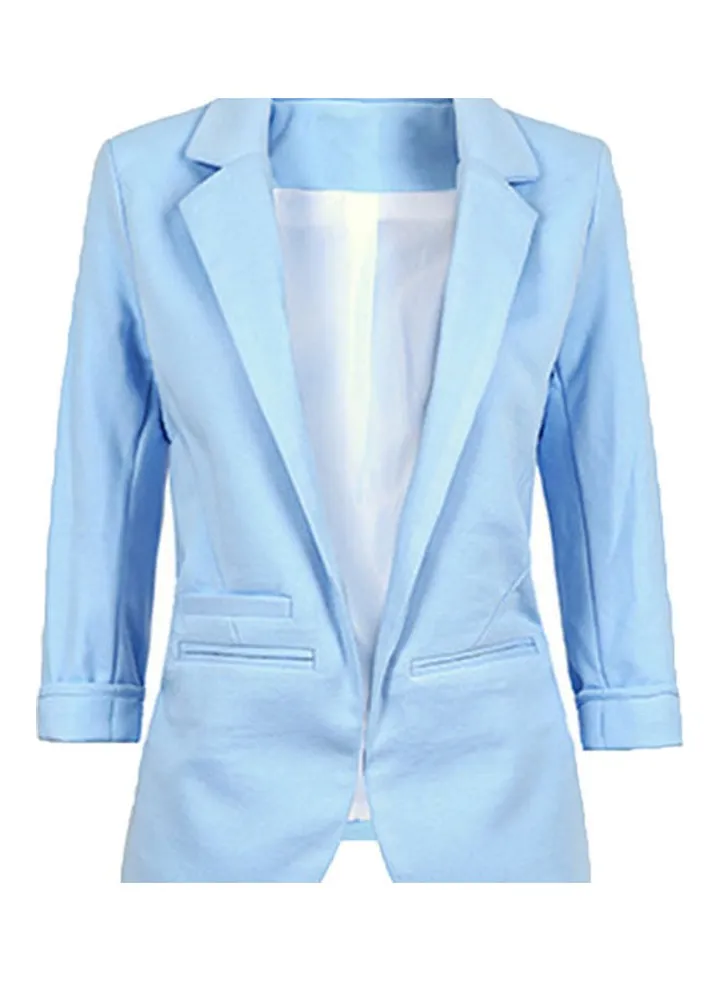 Chic Lapel Slim Pocket Blazer Outwear Coat Light Blue