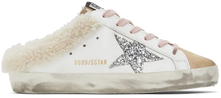 Golden Goose SSENSE Exclusive White & Beige Shearling Super-Star Sabot Sneakers