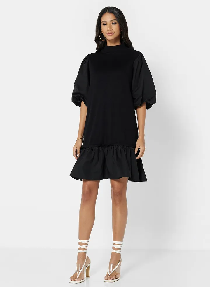 Puff Sleeve Mini Dress Black