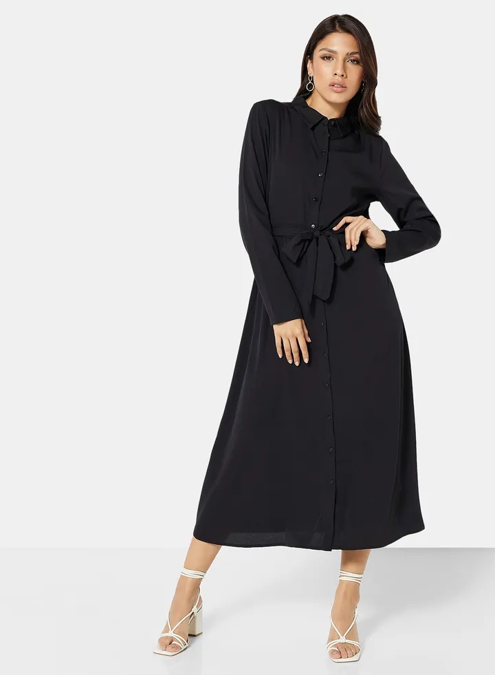 Belted Shirt Dress Black