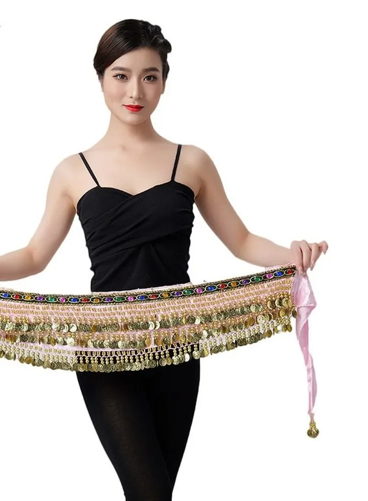 Coins Pendant Diamond Waist Chain Skirt Belly Dance Tassel Waist Wrap Belt Skirts Party Rave Costume Pink