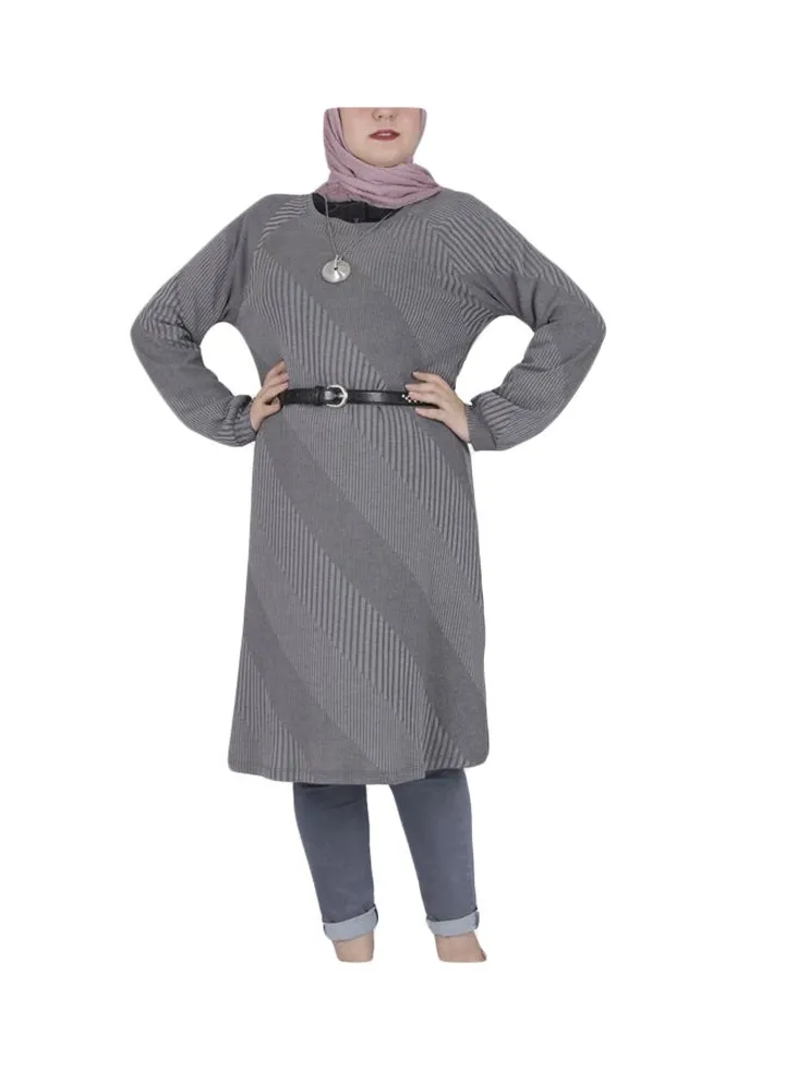 Casual Raglan Full Sleeves Knitted Dress Grey