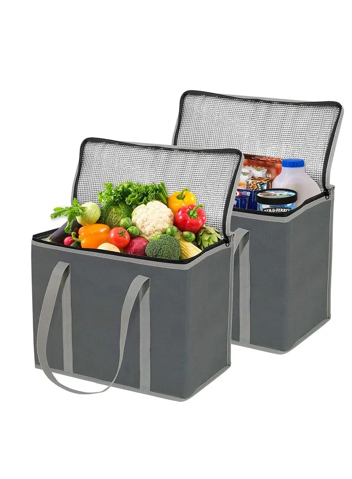 Foldaway Reusable Shopping Bags, Insulated Picnic Cooler Bag, Large Washable Ice Bag with Reinforced Bottom and Handles - Perfect for Hot or Cold Food, Food Delivery (2 PCS,Grey)