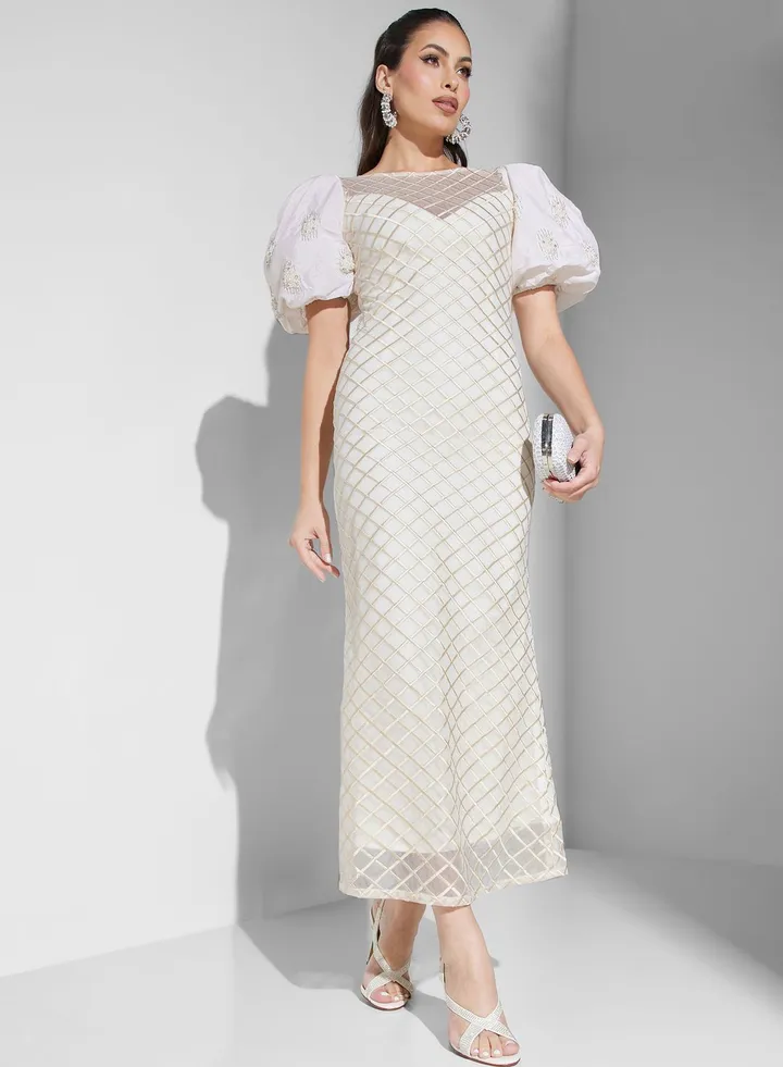 Balloon Sleeve Boat Neck Dress