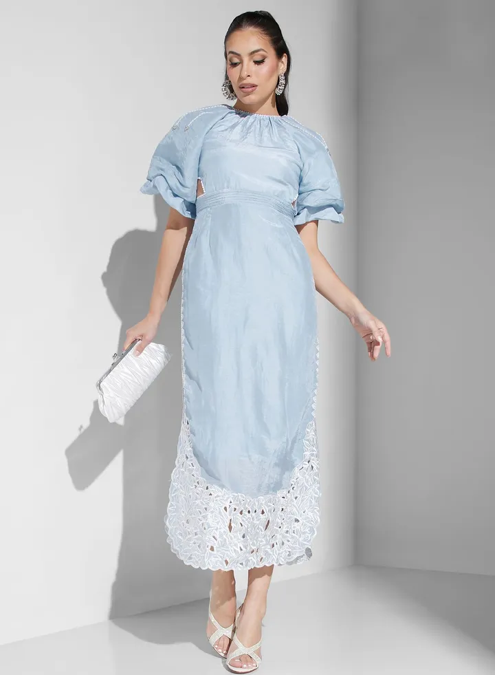 Balloon Sleeve Lace Hem Dress