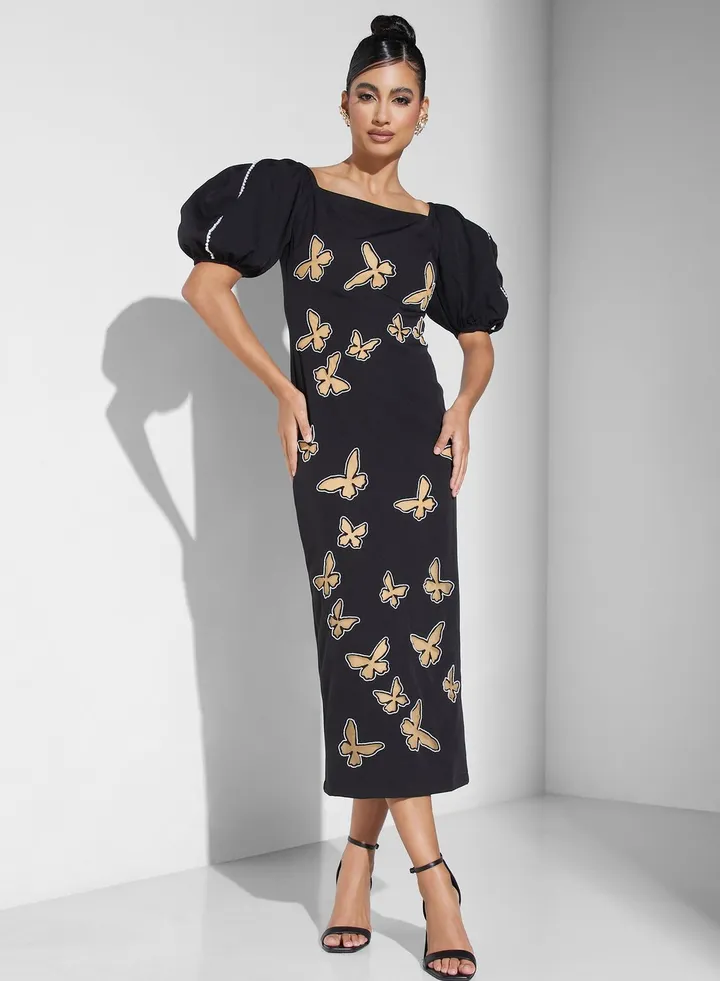 Balloon Sleeve Laser Cut Dress