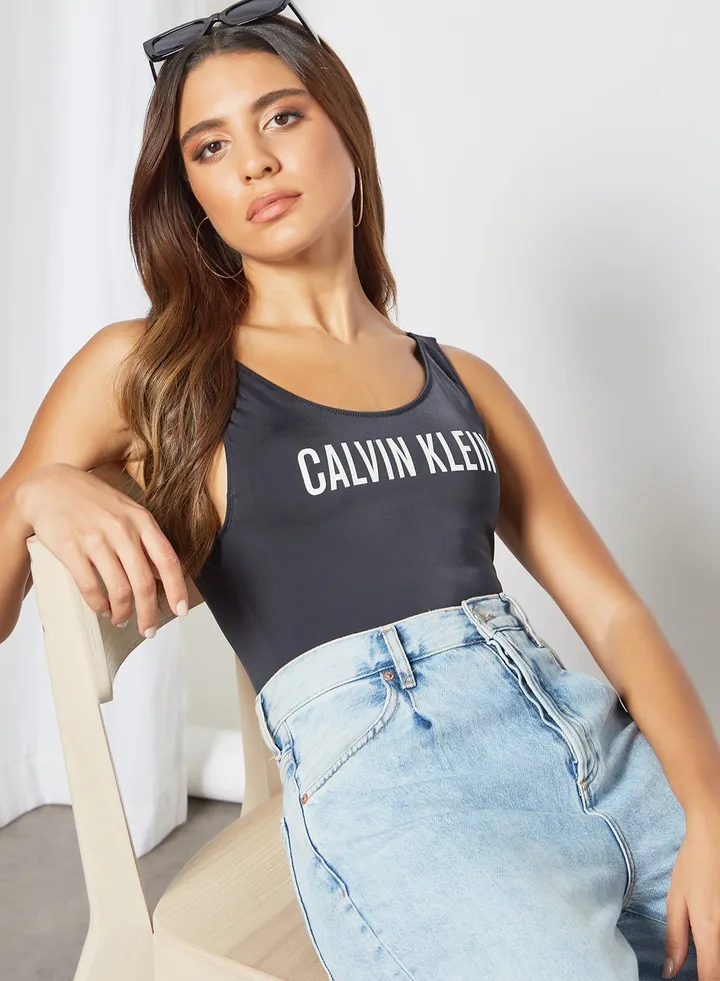 Scoop Neck Logo Swimsuit Black