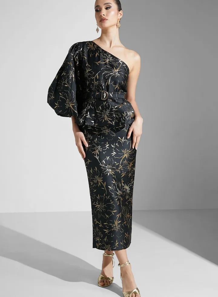 One Shoulder Balloon Sleeve Dress