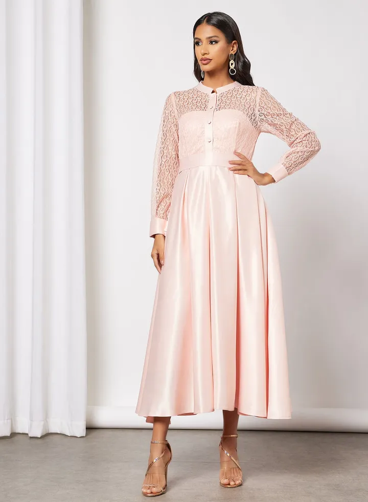 Long Sleeved Lace Bodice Dress