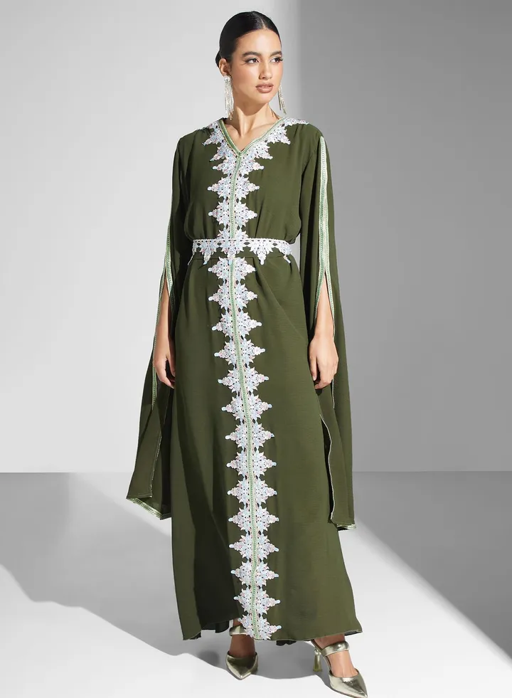 Lace Detail Belted Dress