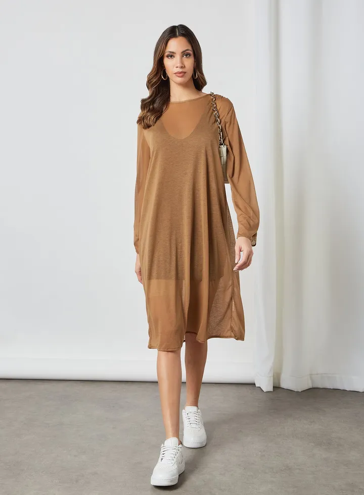 Long Sleeve Sheer Dress Brown