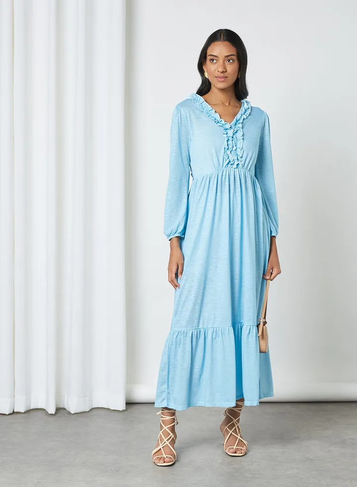 Ruffled Neckline Dress Blue