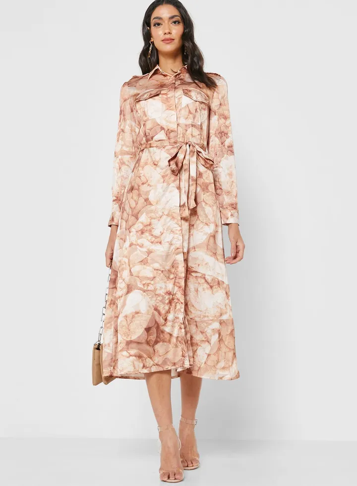 Printed Tie Detail Shirt Dress