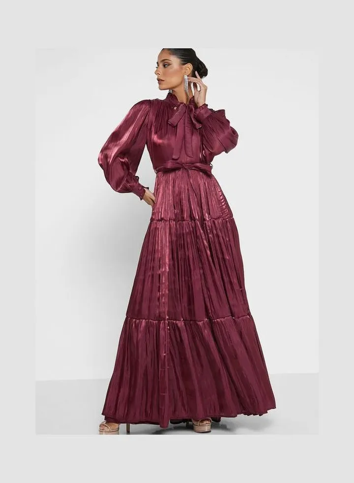 Tie Neck Balloon Sleeve Tiered Dress Burgundy
