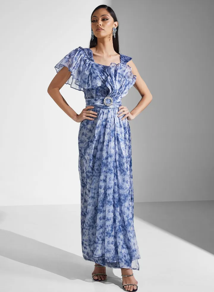 Ruffle Sleeve Tiered Printed Dress