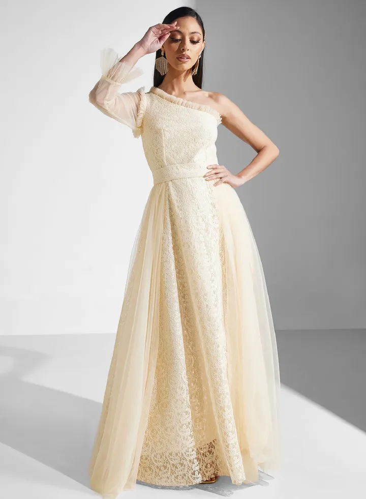 One Shoulder Mesh Tiered Dress