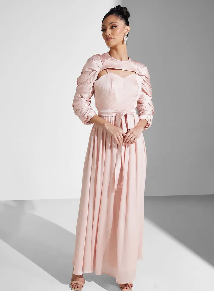 Cut Out Ruched Sleeve Tiered Dress