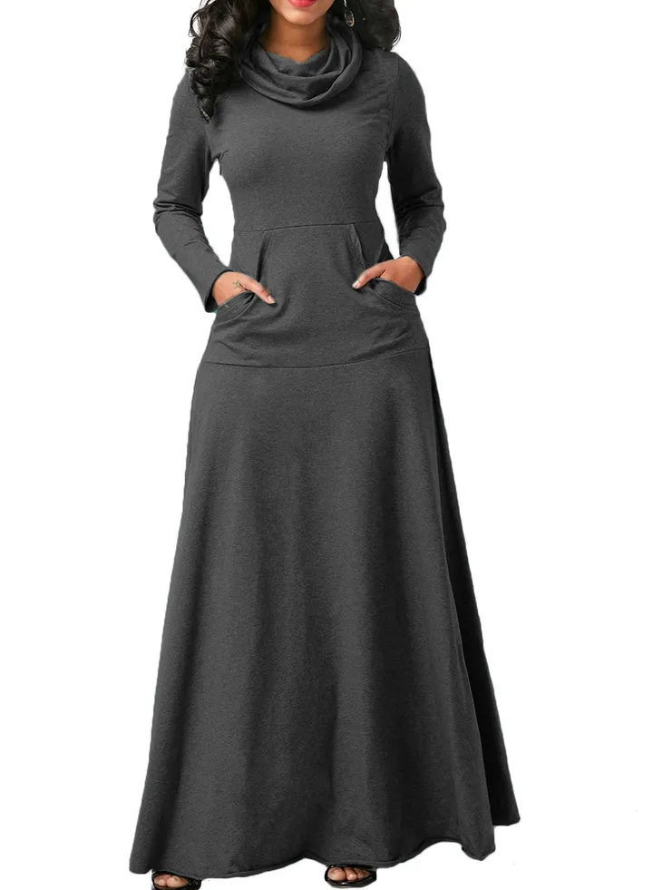 Long sleeve long skirt pile collar pocket mid-length scarf and large swing slim dress