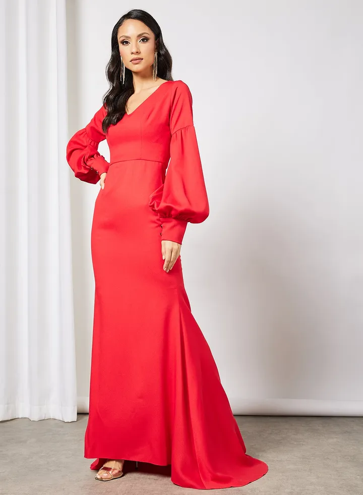 Balloon Sleeve Bodycon Dress Red