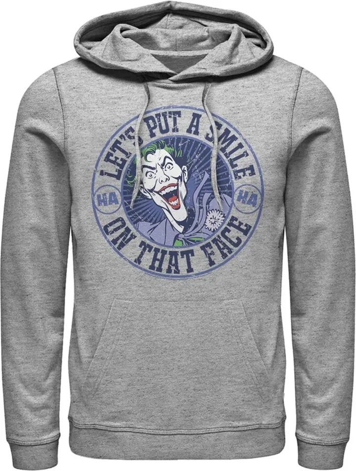 Men's Batman Joker Let's Put a Smile On That Face Pull Over Hoodie - Athletic Heather - Small