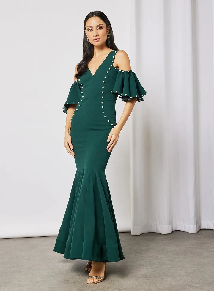 Faux Pearl Detailed Bodycon Dress Green