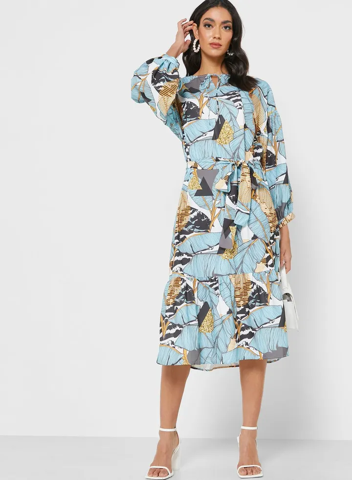 Pleat Detail Printed Dress