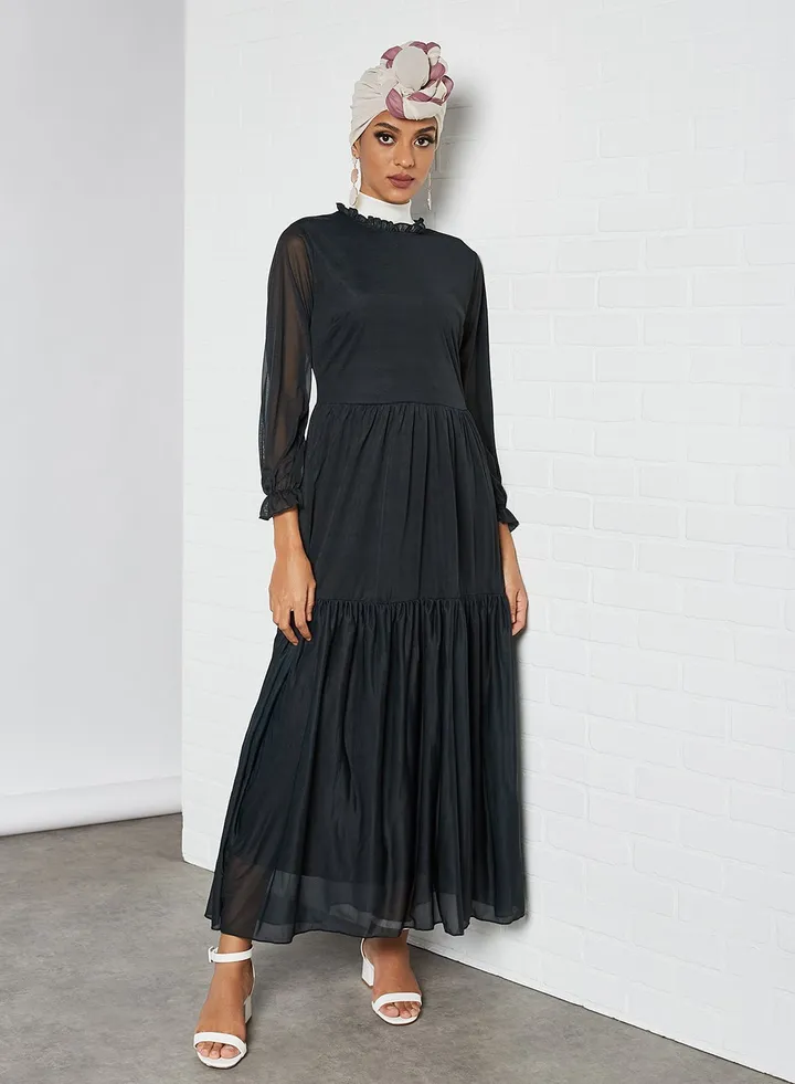 High Neck Tiered Dress Black