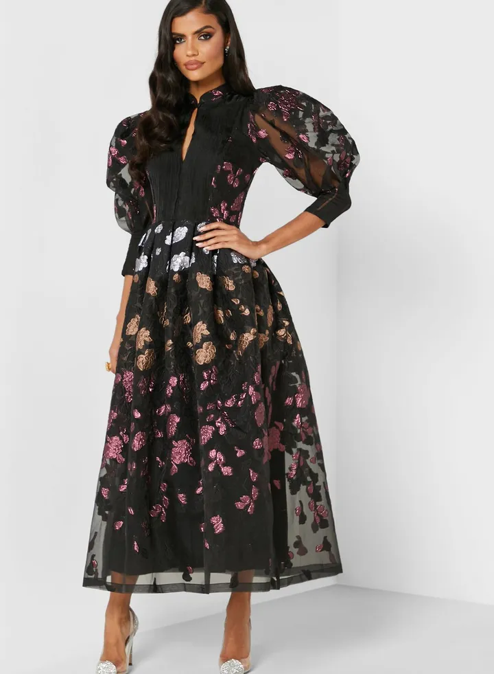 Puff Sleeves Ombre Floral Dress Black