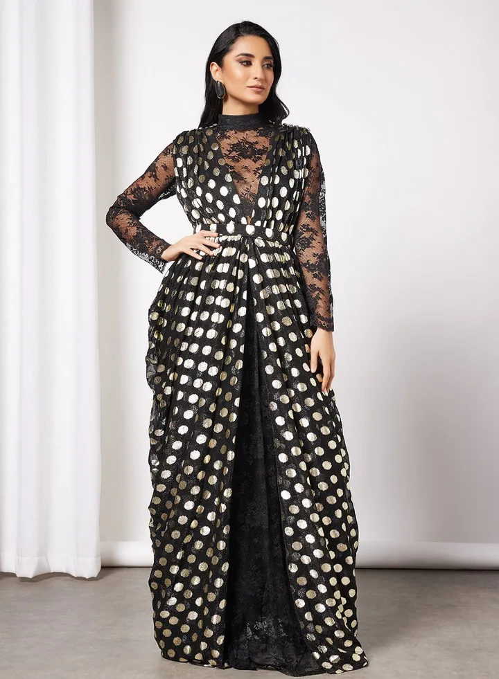 Lace Insert Polka Cowl Dress Black