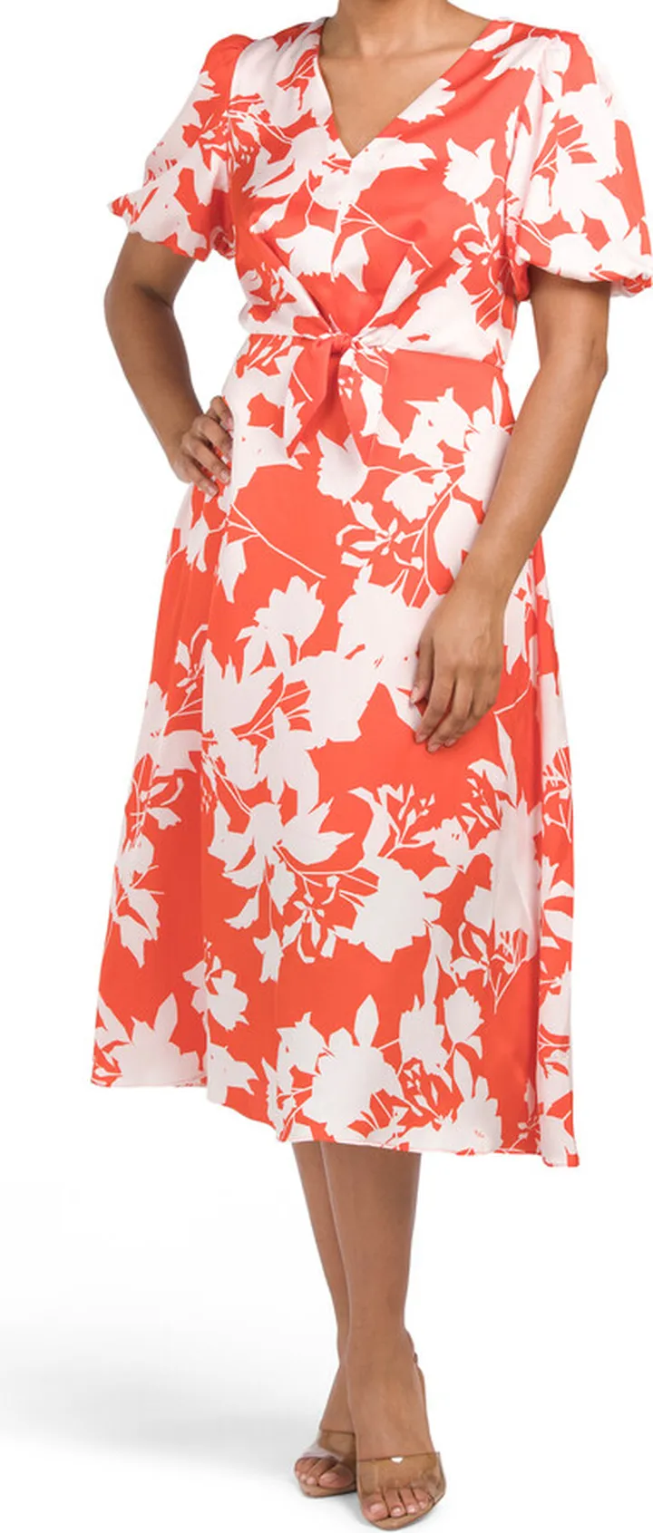 Puff Sleeve Floral Print Midi Dress
